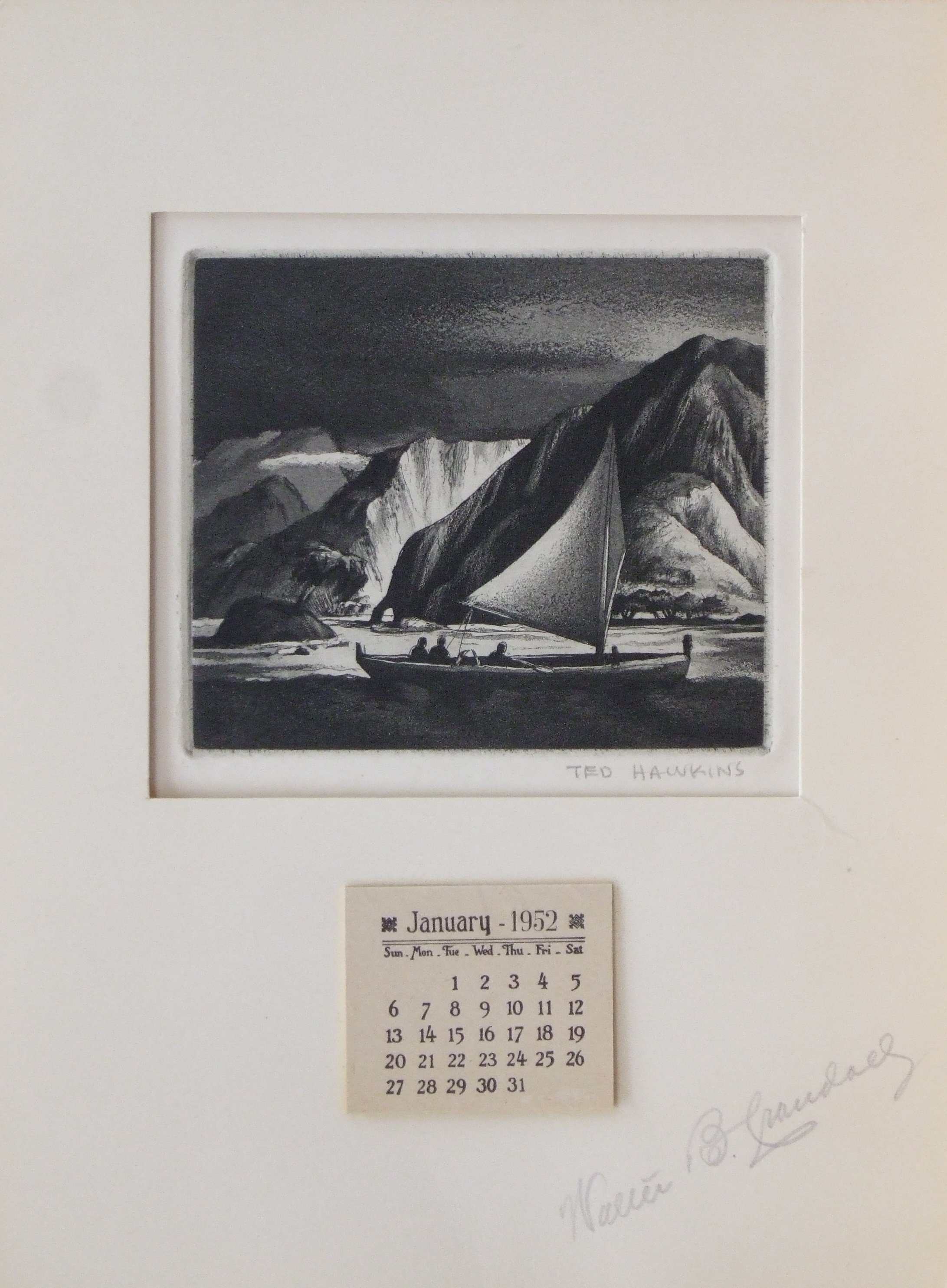 Ted Hawkins, “Untitled (Hawaiian Sailing Canoe)”, aquatint
