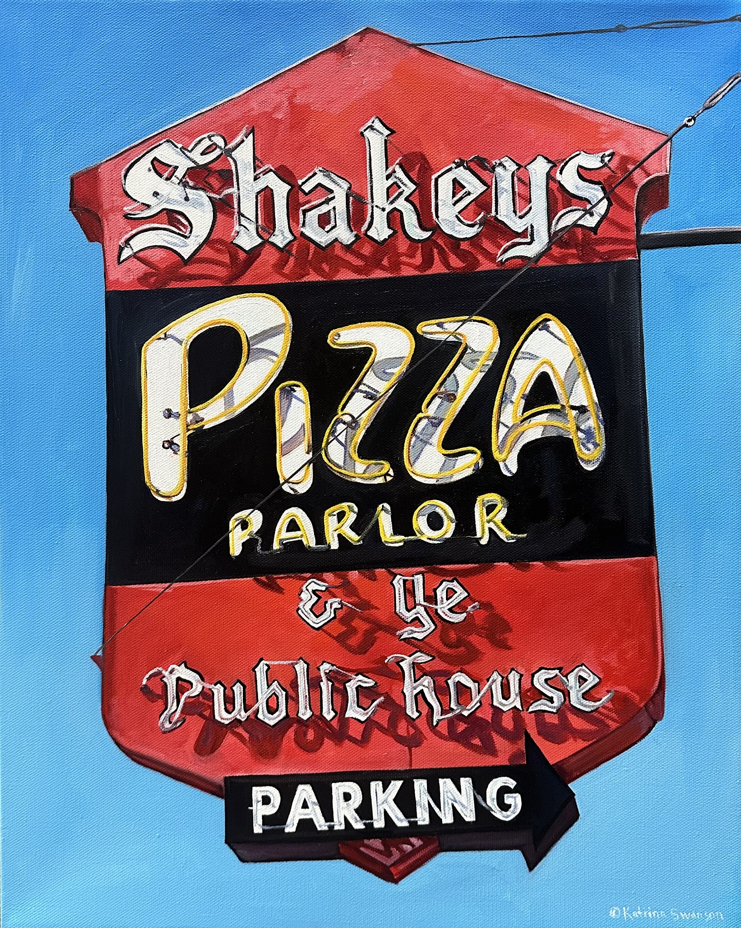 Katrina Swanson, “Shakey’s Pizza”, Oil on canvas