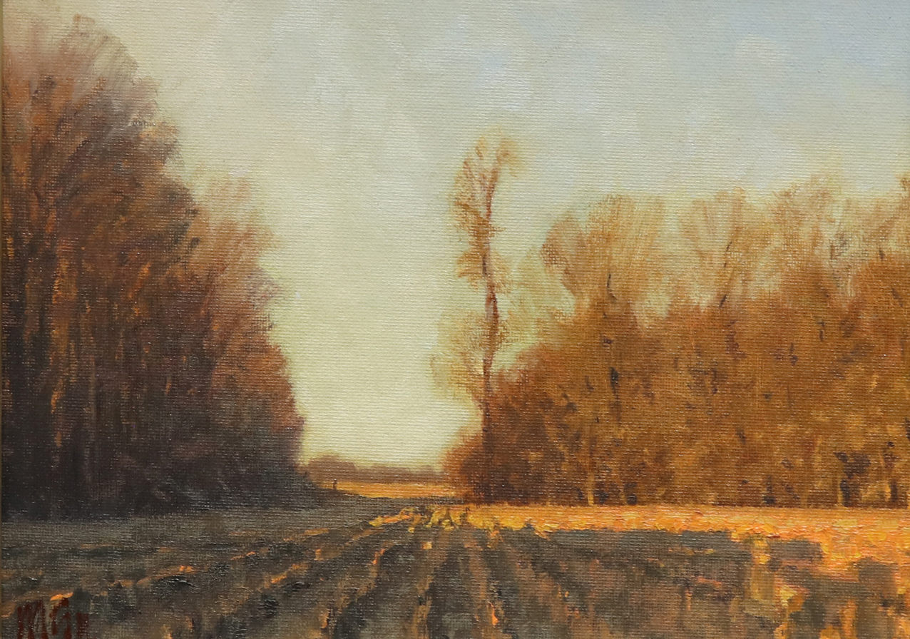 Todd Matson, “Corn Stubble and Hedge Rows” oil on canvas board