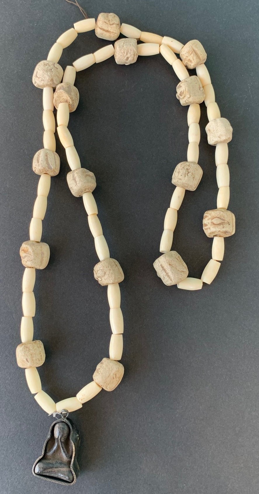 Necklace, “Carved Cream Beads with Prayer Pendant”, Jewelry