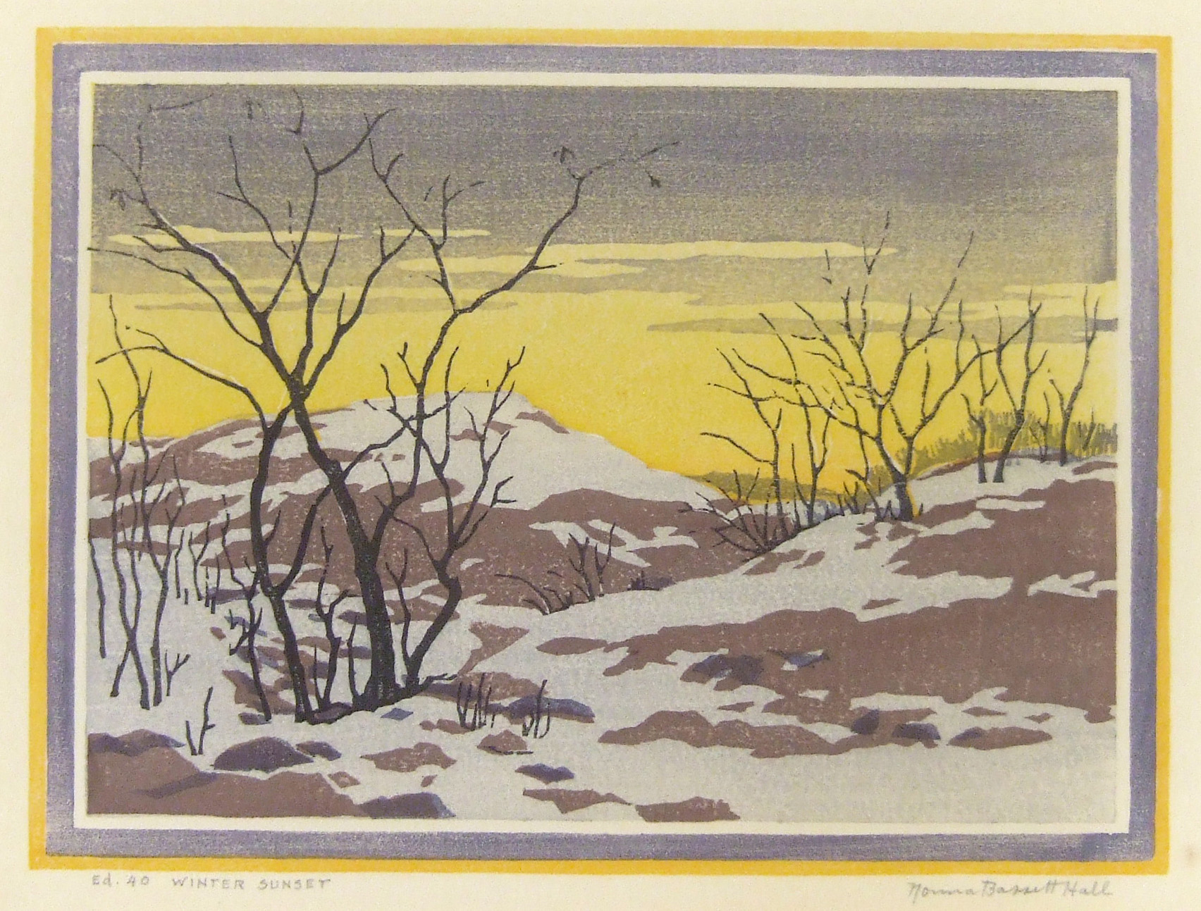 Norma Bassett Hall, “Winter Sunset”, color block print